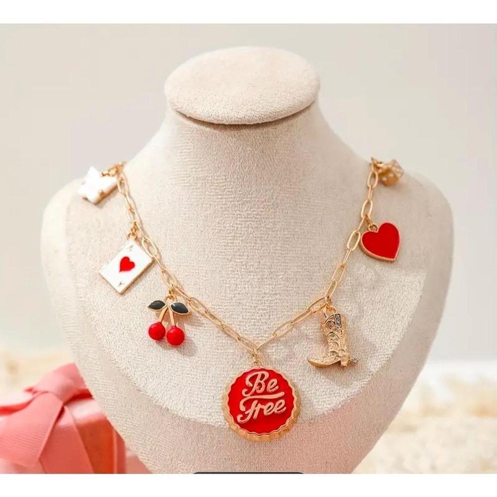 Be Free Charm Necklace‎ Red Enamel Charms Gold Wide Link Chain NWT Cottage